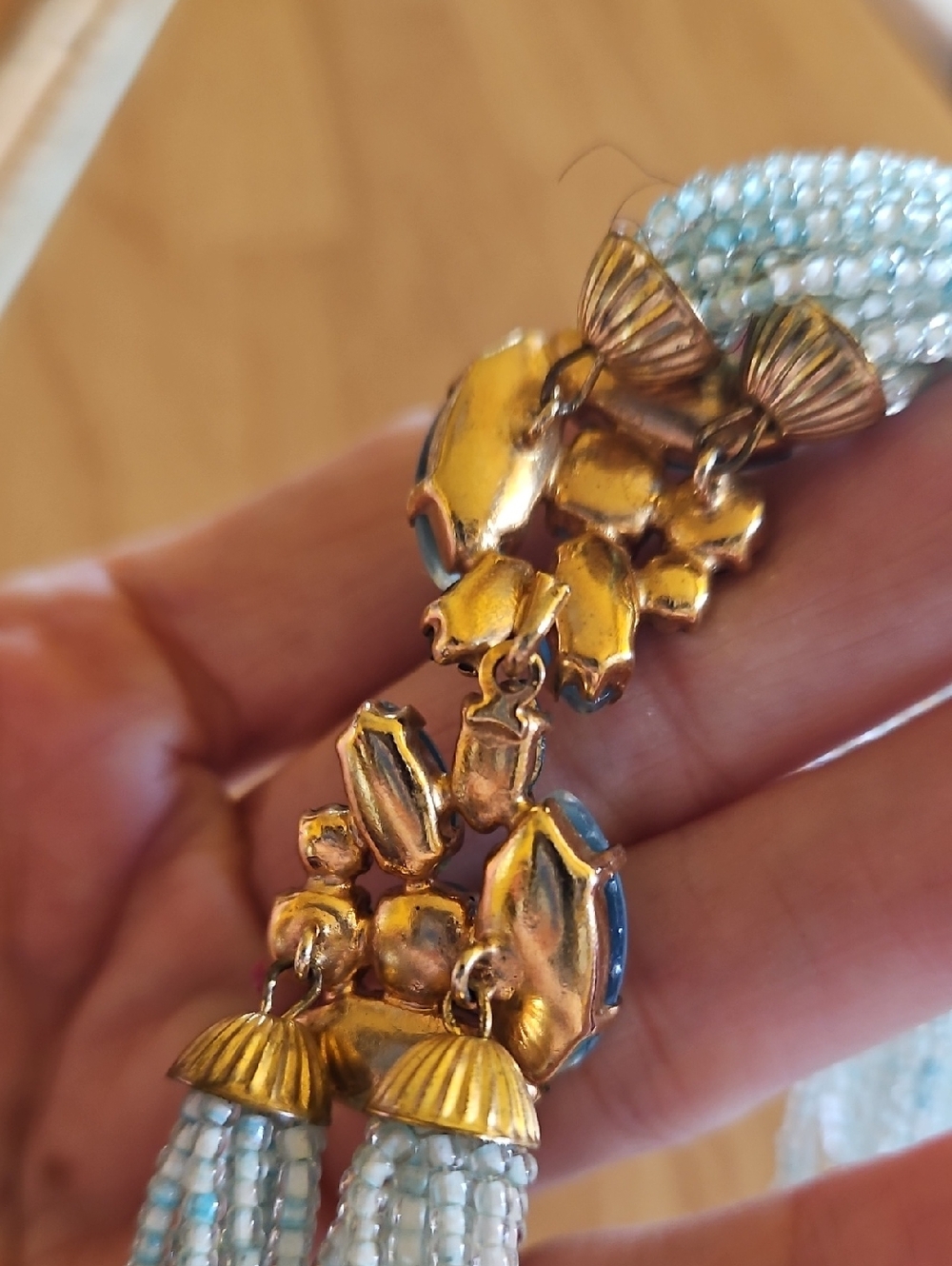 Vintage 60's Blue Torsade Glass & Jeweled Necklace Jeweled Clasp for Earrings - Picture 5 of 6